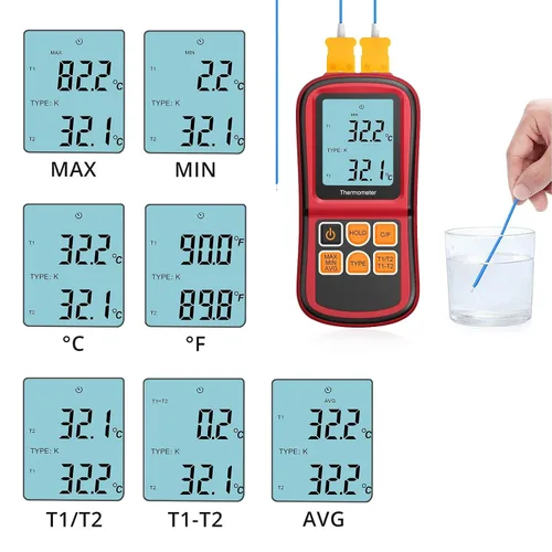 Miniatura 3 de Kamtop Termómetro de termopar digital de doble canal, medidor de temperatura tipo K con 2 sondas de termopar, medición T1/T2 y T1-T2, LCD