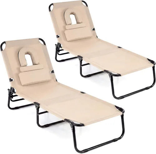 Miniatura 12 de Giantex Silla bronceadora, silla de patio ajustable con orificio para la cara, almohadas extraíbles, correa de transporte, silla de diseño, silla