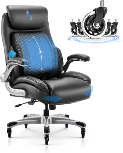 Miniatura 9 de COLAMY Silla de escritorio de oficina, silla ergonómica para computadora con brazos abatibles acolchados y cojín grueso, silla de oficina de cuero