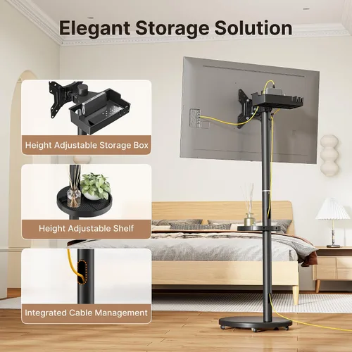 Miniatura 5 de Soporte de TV móvil con ruedas y altura ajustable para TV de 13 a 43 pulgadas hasta 15 kg, de retrato a paisaje, carrito de TV con caja