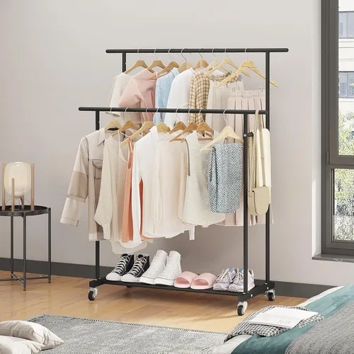 Miniatura 6 de Calmootey Perchero de ropa de doble varilla, organizador portátil para colgar ropa, organizador de ropa rodante para dormitorio, sala de estar, Negro