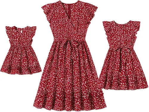 PATPAT Vestidos de mamá y yo a juego, trajes familiares a juego con lunares y manga volada para madre e hija
