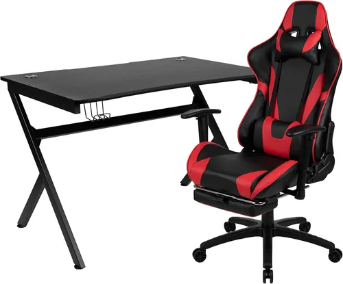 Miniatura 53 de Flash Furniture Juego de escritorio para juegos negro y silla de carreras blanco/negro con soporte para tazas, gancho para auriculares y soporte