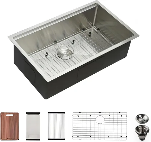 Miniatura 10 de PRUSSIA Fregadero de cocina de 33 pulgadas, 33 x 22 x 10 pulgadas, fregadero de acero inoxidable 304 calibre 16 de un solo tazón Fregadero Topmount