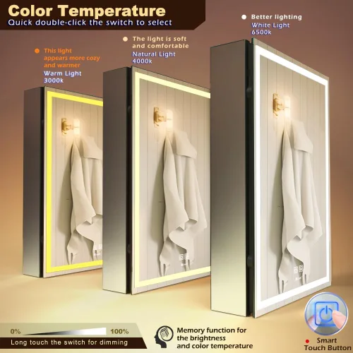 Miniatura 3 de GANPE Gabinete de espejo de medicina para baño con luz LED con enchufes y USBs, luz regulable antivaho y ajuste de color, gabinete de aluminio fácil