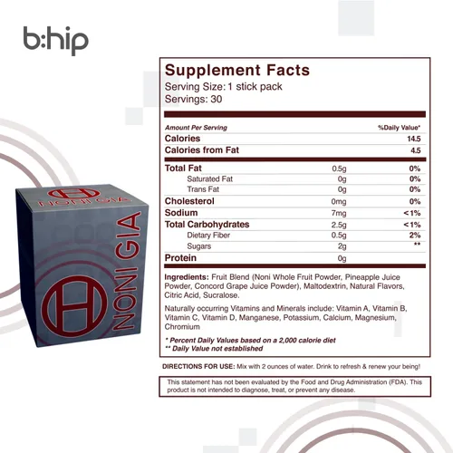 Miniatura 2 de bhip Noni Gia - Apoya el sistema inmunológico, salud cardiovascular saludable, vitaminas y minerales, cafeína, sin gluten y lactosa, 30 porciones