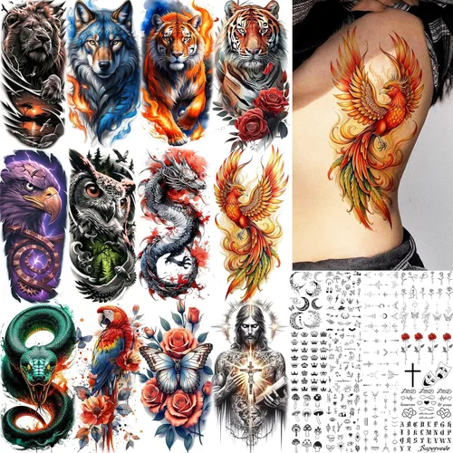 Miniatura 8 de COKTAK 64 hojas grandes de tatuajes temporales de brazo negro para hombres, antebrazo, mujeres, muslo, media manga, animales, león, tigre, lobo