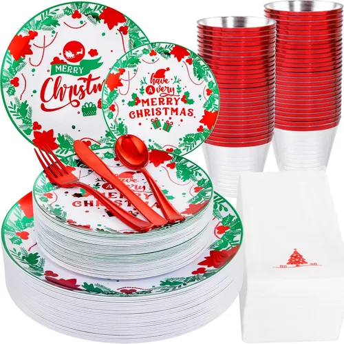 Miniatura 12 de Liacere 175 piezas de platos desechables de plástico navideños rojos y blancos - Incluye 25 platos de postre, 25 platos para cena, 25 cuchillos, 25