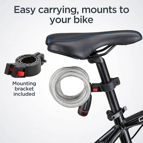 Miniatura 5 de Candado de cable para bicicleta Schwinn con llaves, 1.83 m x 12 mm, Negro y Plata, Acero duradero, Cubierta protectora de vinilo, Soporte
