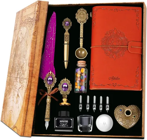 Miniatura 9 de Aifeiter - Set de pluma estilográfica y tinta, juego de caligrafía con pluma de ave y sello de cera, cuaderno - Hermoso regalo para Navidad - Verde