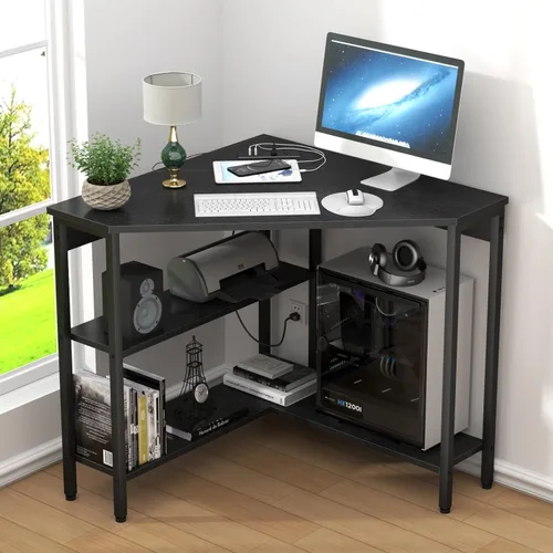 Miniatura 2 de Auromie Escritorio esquinero con tomas y puertos USB, mesa de esquina triangular de 90 grados con soporte para CPU y estantes de almacenamiento