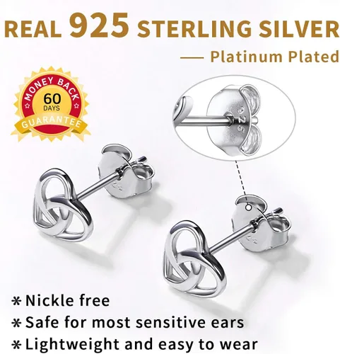 Miniatura 5 de ChicSilver Aretes de nudo celta hipoalergénicos de plata de ley 925 con forma de corazónnudo triangular, joyería celta para mujer, plataorooro rosa