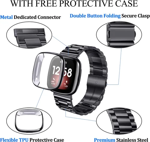Miniatura 4 de ZPJPPLX para Fitbit Versa 4/Sense 2, Correa de Muñeca de Acero Inoxidable Sólido con Funda de Reloj, para Versa 3/Sense Correas de Repuesto de Metal