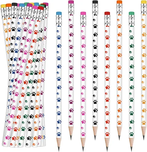 Weecent 48 lápices de huellas de patas, 8 lápices de colores, recuerdos de fiesta para niños, escritura de madera, novedad con borradores, recuerdos