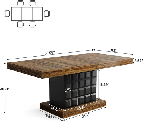 Miniatura 2 de Tribesigns Mesa de comedor de 63 pulgadas para 4-6, mesa rectangular de madera de granja con relieve geométrico, base de pedestal (café y negro)