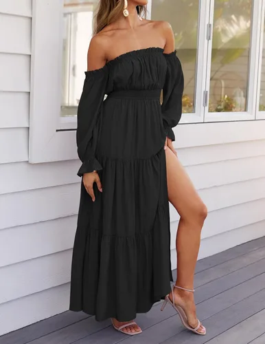 Miniatura 102 de ZESICA - Vestido largo, bohemio y sexy, con hombros descubiertos y manga larga fruncida, con elástico fruncido, cintura alta y abertura lateral