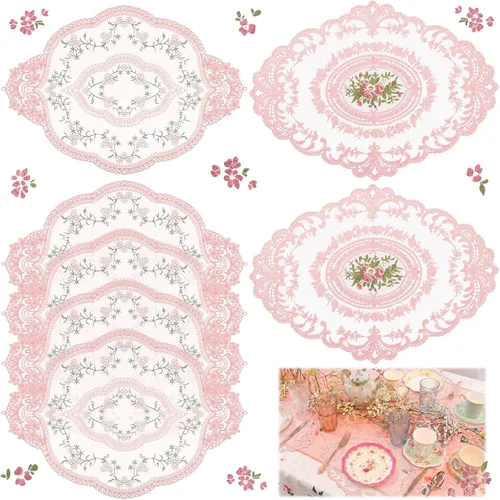 Miniatura 8 de Mixweer 10 manteles individuales de encaje beige ovalados bordados para mesa, manteles individuales retro franceses de ganchillo para boda, fiesta