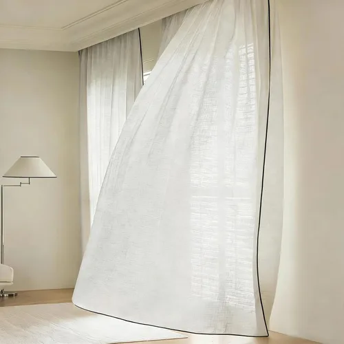 Cortinas traslúcidas para ventana de 52 pulgadas de ancho, color blanco con borde negro, paneles de cortinas semitraslúcidas, 52 pulgadas de ancho x