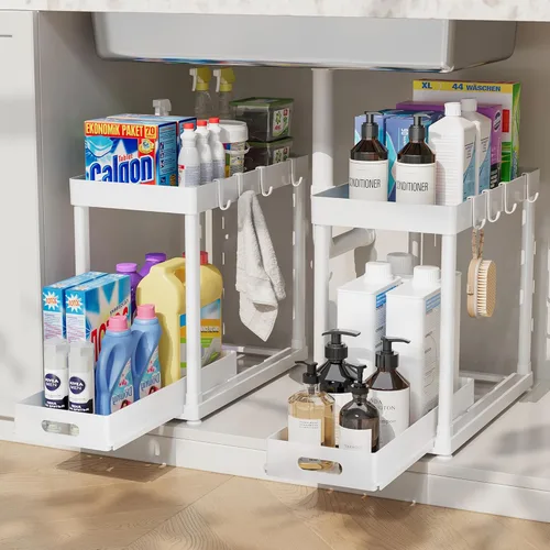 Miniatura 9 de Paquete de 2 organizadores de almacenamiento extraíbles, organizador para debajo del fregadero y almacenamiento para baño y cocina, organizadores