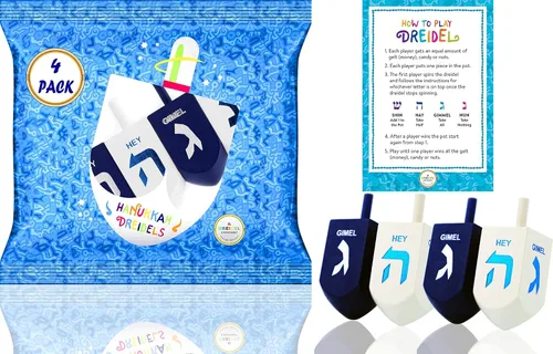Miniatura 2 de Paquete de 4 Dreidel Hanukkah Dreidel extra grandes azul y blanco de 3 pulgadas Dreidels de madera pintados a mano, incluye tarjetas