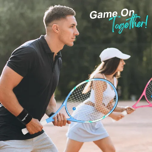 Miniatura 7 de Juego de raquetas de tenis de 27 pulgadas, raquetas de tenis preencordadas para 2 jugadores para adultos, 2 cintas de sobreagarre, 3 pelotas, 2 Rosa