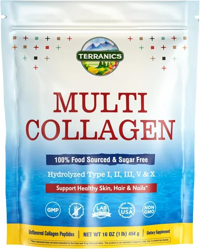 Terranics Polvo de péptidos de colágeno múltiple, 1 libra, 0.71 oz por porción, colágeno hidrolizado tipo I II III V X, pollo marino bovino y