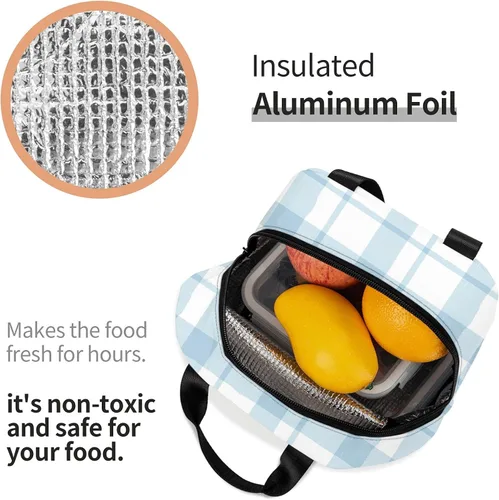 Miniatura 4 de Lonchera con diseño a cuadros azules aislada, bolsa térmica para almuerzo para adultos, niños, niñas, mujeres, oficina, trabajo, escuela, picnic