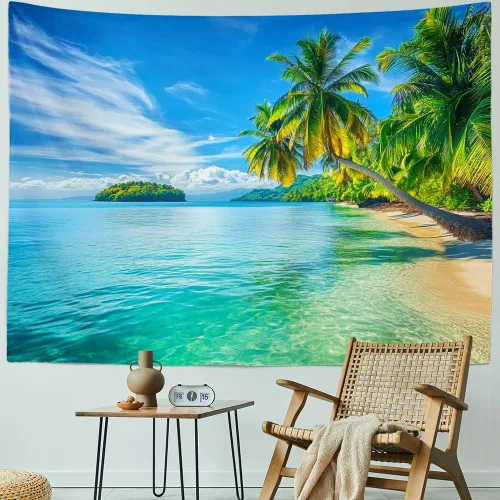 Miniatura 3 de Serborlur Tapiz para colgar en la pared con fondo de playa azul y mar, tapiz de pared tropical paraíso palmera, arte de pared, tapiz bohemio