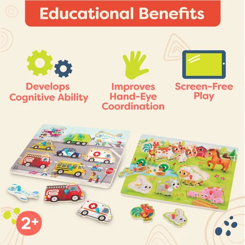 Miniatura 4 de B. toys Peek & Explore Puzzle 4 – Pack – Juguetes de madera para niños pequeños – 8 piezas cada uno – Vehículos, camiones, animales, corral – 2+ años