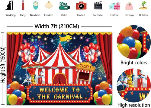 Miniatura 5 de Telón de fondo de circo de carnaval de 7 x 5 pies, carpa de circo, telón de fondo para fiesta, carrusel, taquilla, fondo para niños, niños, bebés