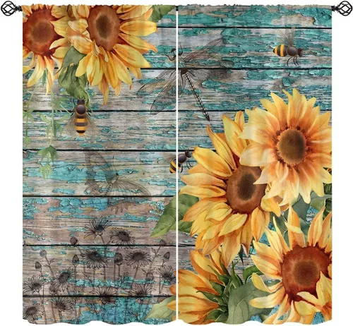 Miniatura 14 de Sunflower Curtains for Living Room Bedroom, Spring Nature Blue Sky and Butterfly Window Drapes, Rustic Wooden Fence Floral Botanical Decor, 2 Panels