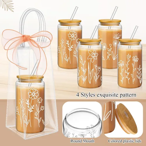 Miniatura 3 de Mumufy 6 Juegos de Tazas de Vidrio Florales Bohemias con Bolsa de Regalo Transparente de 16 onzas, Tazas de Café Helado Reutilizables con Flores