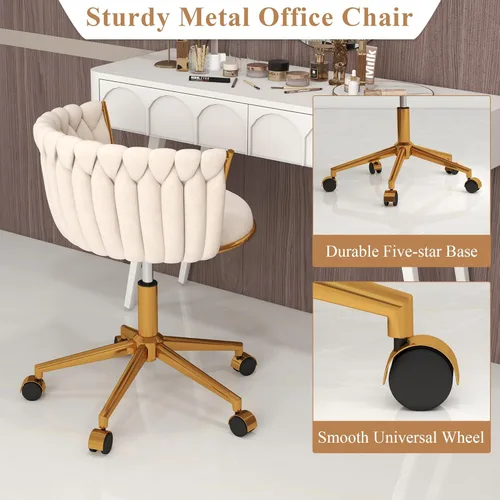 Miniatura 6 de ABET - Silla de tocador con ruedas, pequeña silla de oficina de terciopelo, taburete de maquillaje semi-circular tejido a mano para mujeres