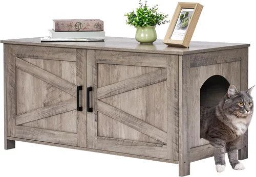 Miniatura 19 de Caja de arena para gatos Homhedy, mueble de baño de madera para gatos con puerta de granero, casa para mascotas, se adapta a la mayoría de las cajas