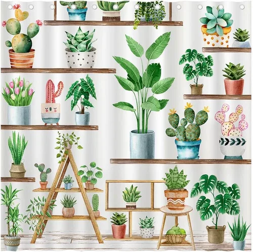 Cortina de ducha de plantas verdes de granja, cortina de ducha bohemia con plantas en maceta para baño, cactus suculentas, decoración para baño con