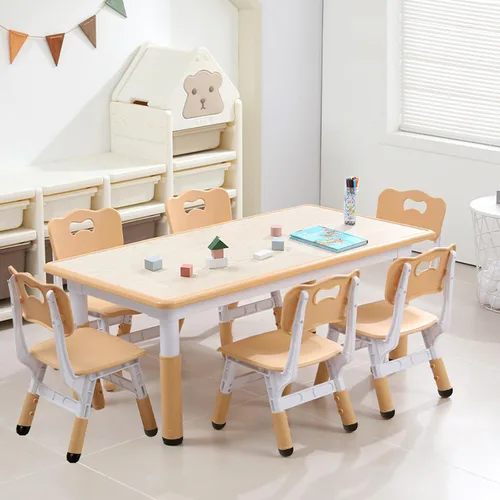Juego de mesa y sillas para niños, escritorio ajustable en altura con 6 asientos para edades de 2 a 10 años, mesa de arte y manualidades, escritorio