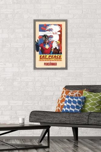 Miniatura 2 de DC Comics TV Peacemaker - Póster de pared Eat Peace, 22.4 pulgadas de largo x 14.7 pulgadas de ancho, versión enmarcada de madera de granero