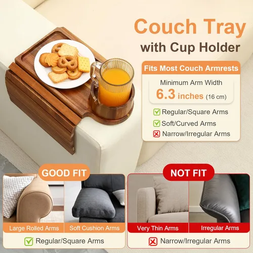 Miniatura 2 de Bandeja para portavasos de sofá, mesa de madera de acacia con soporte para teléfono, bandeja plegable grande para sofá para mesa de aperitivos