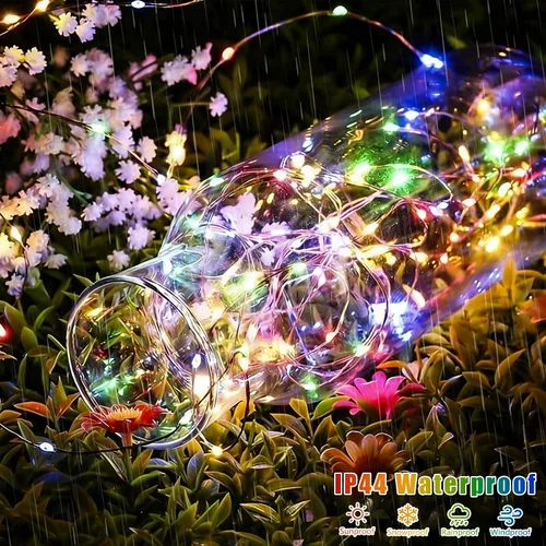 Miniatura 4 de QITONG Luces solares de Navidad multicolor para exteriores, paquete de 2 unidades de 200 luces LED solares de 66 pies cada uno, alambre plateado
