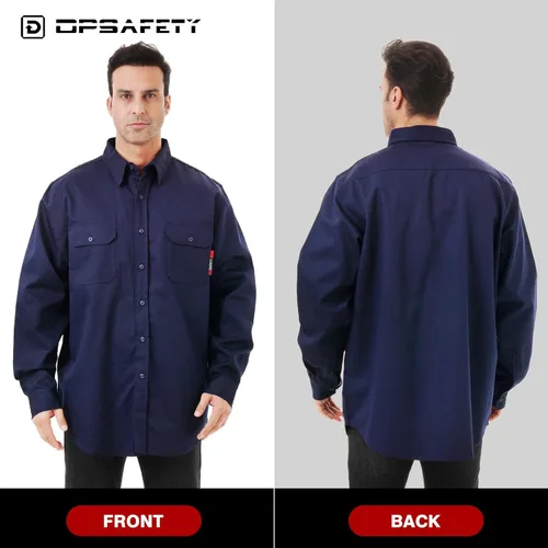 Miniatura 5 de FR Camisa de 7 onzas resistentes al fuego para hombre, camisa de soldadura CAT2, 100% algodón, resistentes al fuego, color azul marino (2XL)