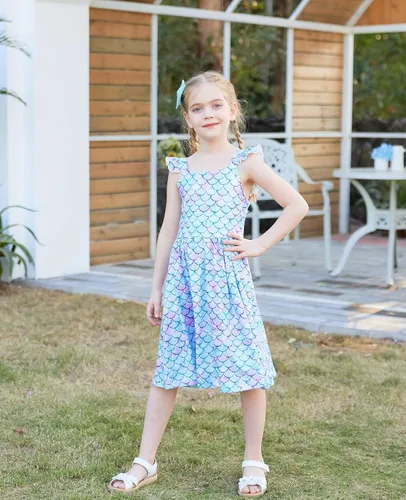 Miniatura 5 de Vieille Vestido de verano para niñas pequeñas, con volantes, manga corta, lindo vestido de sirena sin espalda para niños, vestido de playa casual