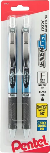 Pluma de Gel de Tinta Pentel, Bolígrafo Retráctil de Gel EnerGel RTX, 0.5mm, Punta de Aguja, Tinta Negra, Paquete de 2 (BLN75BP2A)