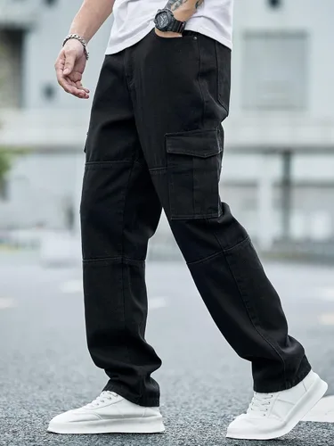 Miniatura 4 de WDIRARA Pantalones de mezclilla tipo cargo texturizados para hombre, pierna recta, con múltiples bolsillos con solapa