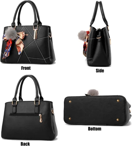 Miniatura 6 de Bolsos de cuero para mujer, bolso de hombro con asa superior, con pompón y lazo