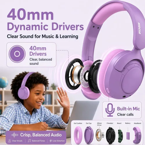 Miniatura 8 de MIDOLA Auriculares Bluetooth para niños, con cancelación activa de ruido, ligeros, inalámbricos, para niños, volumen limitado, 85/94 dB, plegables
