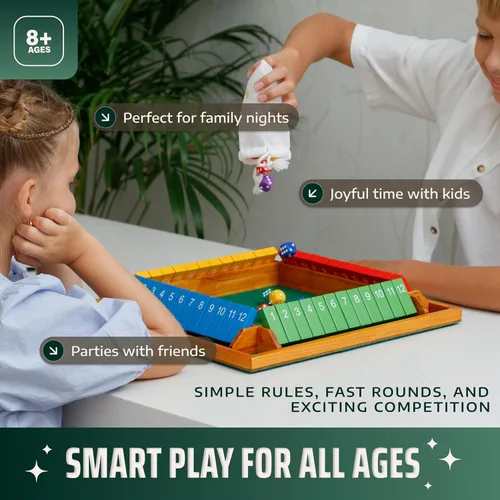 Miniatura 8 de Shut The Box Game Tablero de madera para 4 jugadores, juego de 14 pulgadas, 12 números para adultos y niños, ideal para noche
