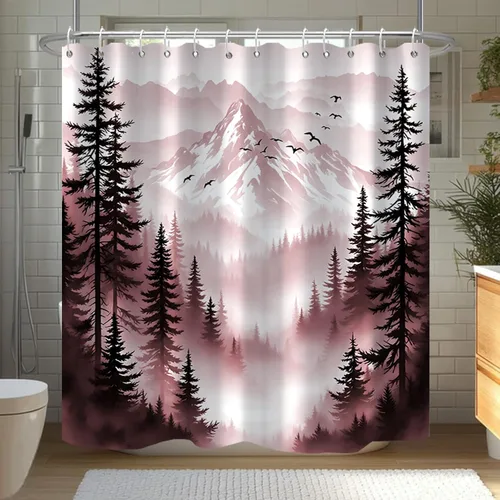 Miniatura 8 de Cortina de Ducha Azul Bosque de Pino Montaña Aves Paisaje Nebuloso Cortina de Ducha Impermeable de Tela para Decoración de Baño 60x72 Pulgadas