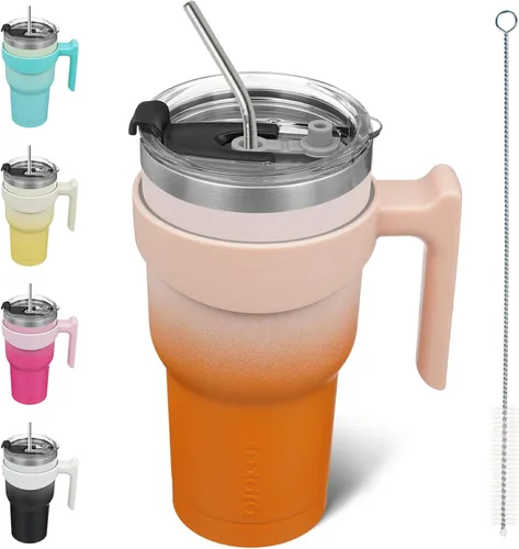 Miniatura 47 de BJPKPK Vaso con asa de acero inoxidable de 20 onzas, con aislamiento de doble pared, con tapa y pajita, color rosa claro A-rosa claro