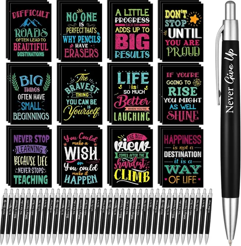 Yeaqee Juego de 72 Piezas de Bolígrafos Motivacionales y Blocs de Notas, Bolígrafo de Punta de Bola con Citas Inspiradoras, Cuaderno Pequeño, Mini