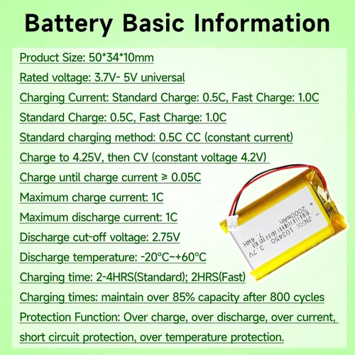 Miniatura 5 de 103450 Batería 3.7V 2000mAh 7.4wh Lipo Batería recargable con 2 cables JST 0.079 in Conector para altavoz y dispositivo inalámbrico (paquete de 1)